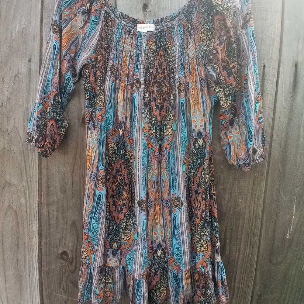 Band of Gypsies Dress Womens Sz S Floral Print Pullover 3/4 Sleeve Tunic Boho